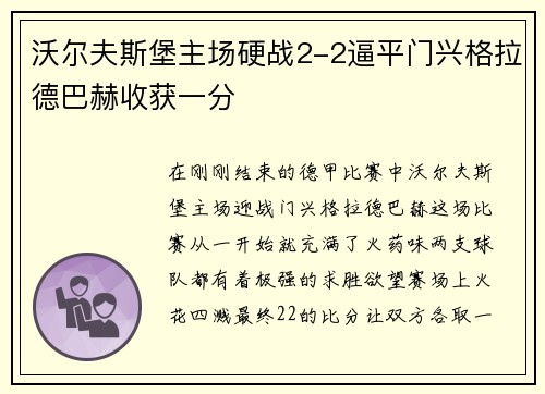 沃尔夫斯堡主场硬战2-2逼平门兴格拉德巴赫收获一分
