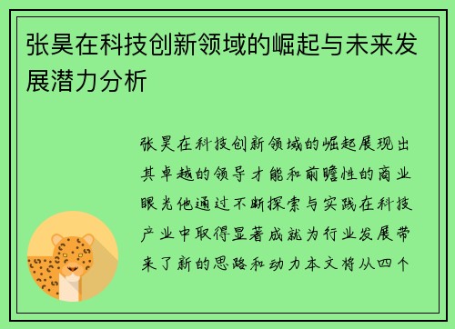 张昊在科技创新领域的崛起与未来发展潜力分析