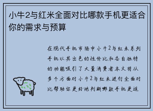 小牛2与红米全面对比哪款手机更适合你的需求与预算