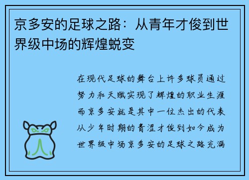 京多安的足球之路：从青年才俊到世界级中场的辉煌蜕变