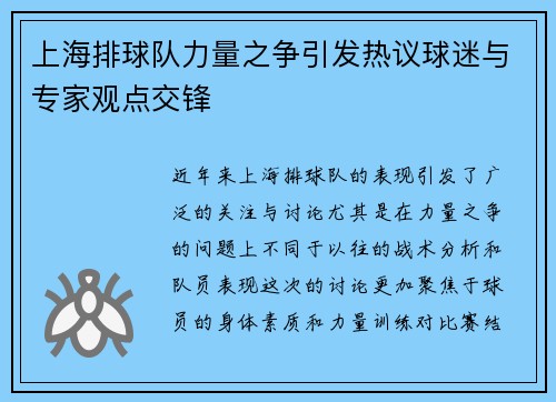 上海排球队力量之争引发热议球迷与专家观点交锋